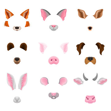 Flat vector set of animal faces - ears and noses. Colorful masks for carnival. Design for selfie photo decor or video chat effects