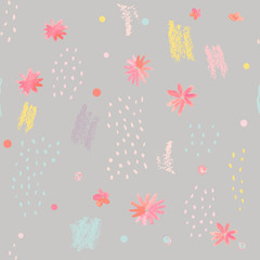  Vector abstract seamless  pattern with stylized flowers, chalk marks, confetti and dots. Freehand paint strokes in childish manner in pink, yellow, blue and purple on grey background.