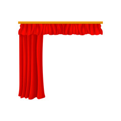 Bright red velour or velvet curtains with lambrequin for theater stage. Decorative flat vector element for poster, banner or website