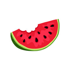 Slice of bitten watermelon. Juicy summer fruit with seeds. Natural and healthy food. Flat vector design for poster or banner