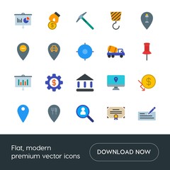 Modern Simple Set of business, industry, money, location Vector flat Icons. Contains such Icons as  map,  business,  building,  data,  crane and more on white background. Fully Editable. Pixel Perfect