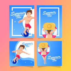 Summer poster on the sea with swimming and surfing