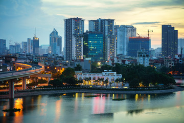 Aerial skyline view of Hanoi. Hanoi cityscape at twilight at Hoang Cau lake
