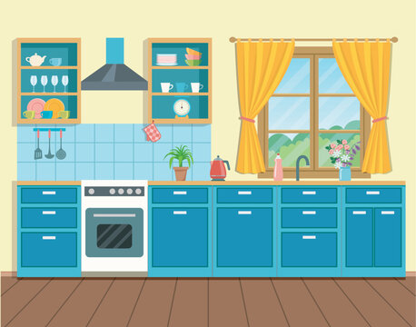 Cozy interior kitchen in rustic style with window. Vector flat style  illustration