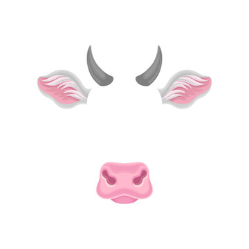 Cow s face elements - ears, nose and horns. Carnival mask of domestic animal. Detailed flat vector design for sticker of mobile messenger