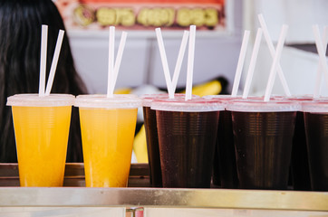 Chicha morada and next to it pineapple juice