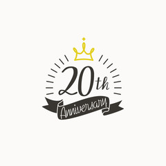 Anniversary logo template with ribbon and crown, 20th