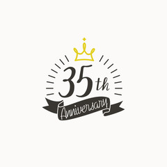 Anniversary logo template with ribbon and crown, 35th