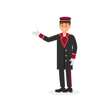 Smiling hotel doorman in uniform coat, cap and gloves. Employee of hotel service. Colorful flat vector illustration