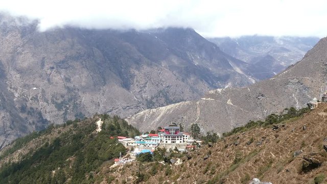 Helicopter flight over Tengboche Buddhist temple at Solu Khumbu valley, Nepal, Himalayas.