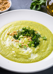 Zucchini Cream soup with  herbs and cream.