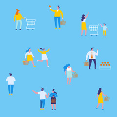 Different people shopping at mall or supermarket. Flat vector illustration.