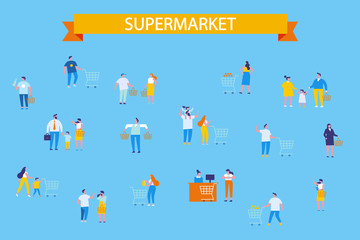 Fototapeta na wymiar Different people shopping at mall or supermarket. Flat vector illustration.