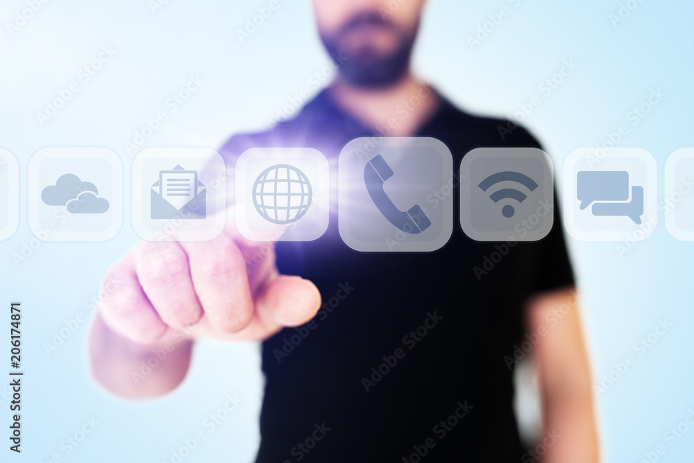 Poster businessman scrolling through communication apps on translucent digital display interface, digital c