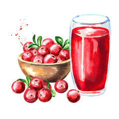 Bowl with ripe red cranberry and glass of cranberry juice. Watercolor hand drawn illustration, isolated on white background
