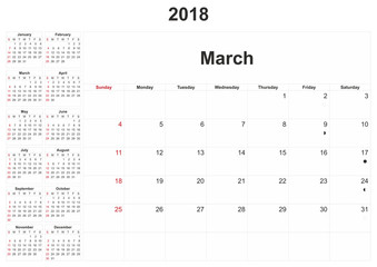 2018 monthly calendar with white background.