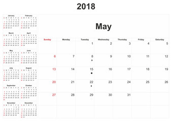 2018 monthly calendar with white background.
