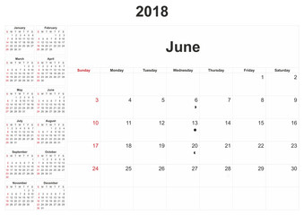 2018 monthly calendar with white background.