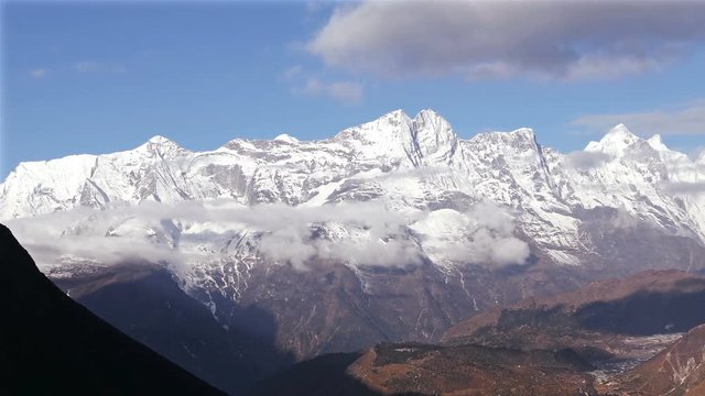 Magnificent panorama of Solu Khumbu valley, treking area to the base camp of Everest peak (8848 m). Nepal, Himalaya mountains.