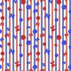 Obraz premium Patriotic Ribbons and Bowsw seamless Pattern. Red, White and Blue Stripes and Stars Rapport for Patriotic Background, Print, and Textile. 