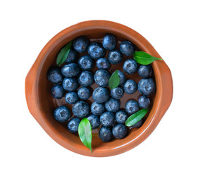 blueberries in a clay plate isolated on a white background. juicy fresh bilberry. top view closeup