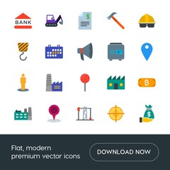 Modern Simple Set of business, industry, money, location Vector flat Icons. Contains such Icons as  work,  travel, target,  accounting, dig and more on white background. Fully Editable. Pixel Perfect