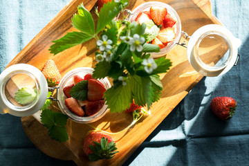 Strawberry cream dessert in a jar