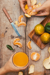 glasses of tangerines orange juice and fruits, high vitamin C