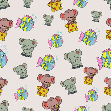 Children's seamless pattern of cheese, mouse, elephant and fish. Vector illustration