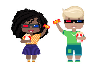 little boy and girl in 3D glasses, with a ticket to the cinema and popcorn. in summer clothes, t-shirts, shorts and skirt, rejoice and smile, in cartoon style