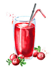Glass of cranberry Juice and fresh ripe berries. Watercolor hand drawn illustration, isolated on white background