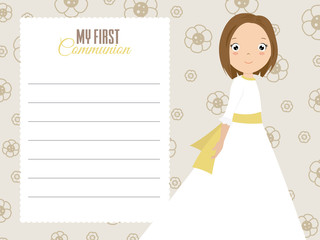 my first communion girl. Girl with beautiful dress and floral background. space for text