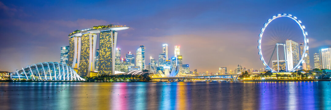 Panorama of Singapore city skyline by night