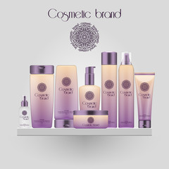 Set of realistic gradient color cosmetic bottle. 3D mockup bottle isolated on white background. Cosmetic products package.