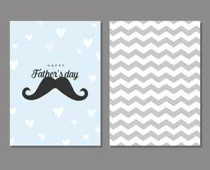 Vector set of greeting cards for Father's day. Card with mustache, hearts and geometric gray pattern. Simple, stylish vintage design for men. Happy Father's Day. Love Father concept.