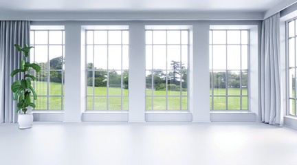 Fototapeta premium Modern bright interior with plant and countryside view