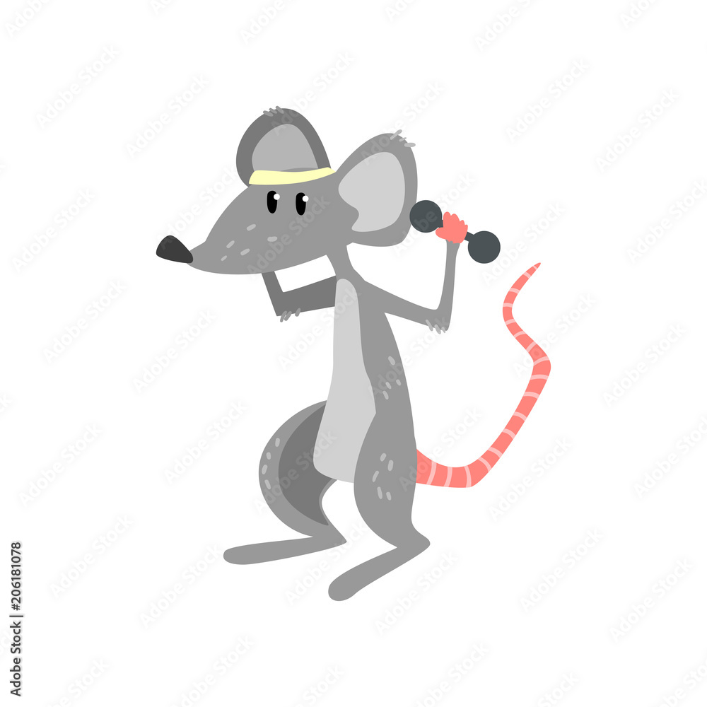 Wall mural mouse exercising with dumbbells, funny sportive wild animal character doing sports vector illustrati