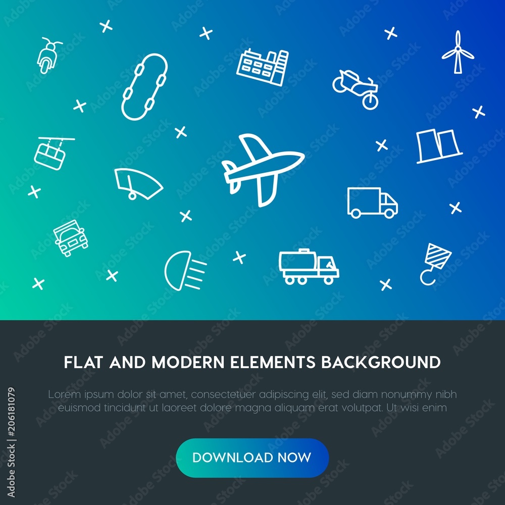 Poster transports, industry outline vector icons and elements background concept on gradient background.mul