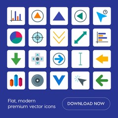 Modern Simple Set of arrows, charts, video, cursors Vector flat Icons. Contains such Icons as  pie,  interface,  business,  next,  internet and more on blue background. Fully Editable. Pixel Perfect
