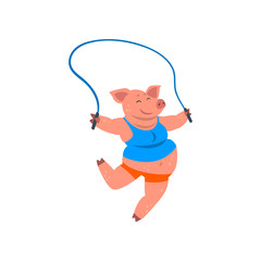 Pig in sport uniform jumping with skipping rope, funny sportive wild animal character doing sports vector Illustration on a white background