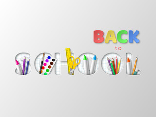 Back to school typography design with realistic school supplies. Paper cut style letters on white background. Vector illustration.