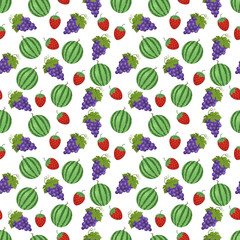 Seamless pattern of fruits of watermelon, grapes and strawberries. Vector illustration
