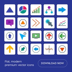 Modern Simple Set of arrows, charts, video, cursors Vector flat Icons. Contains such Icons as  button,  internet,  previous,  arrow,  circle and more on blue background. Fully Editable. Pixel Perfect