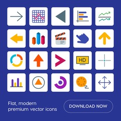 Modern Simple Set of arrows, charts, video, cursors Vector flat Icons. Contains such Icons as  high,  note,  scroll, circle,  technology, hd and more on blue background. Fully Editable. Pixel Perfect