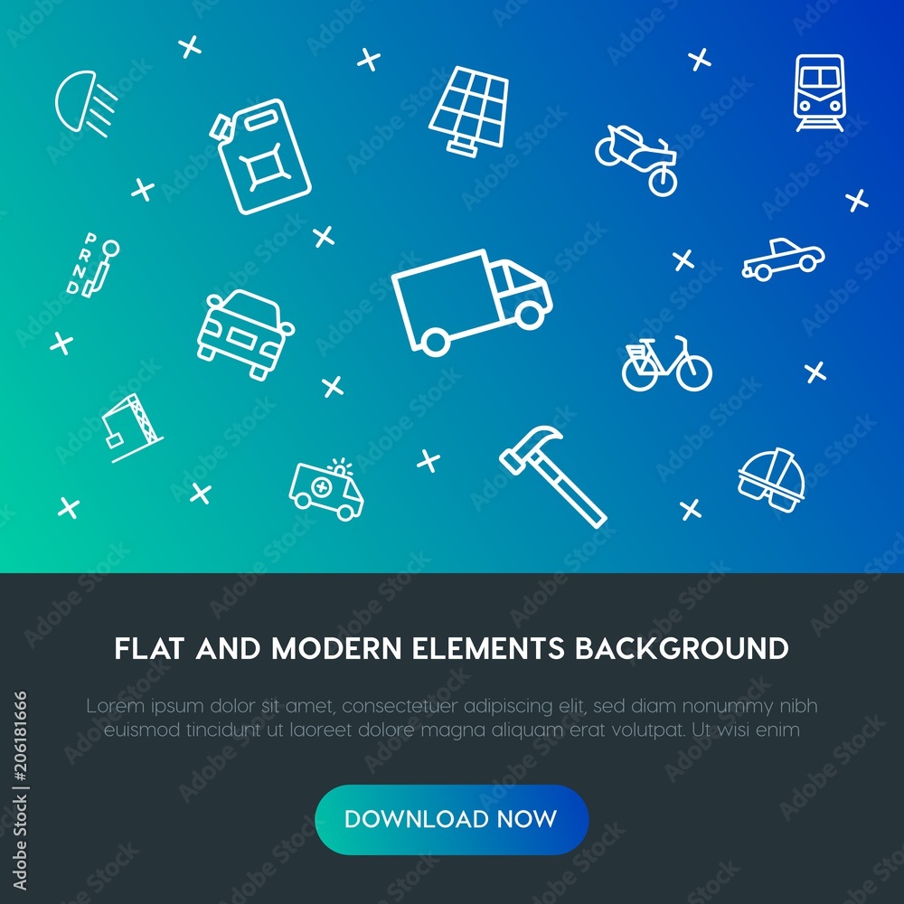 Poster transports, industry outline vector icons and elements background concept on gradient background.mul