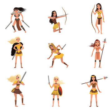 Amazon Girls Set, Women Warriors With Spears, Swords And Bows Vector Illustrations On A White Background