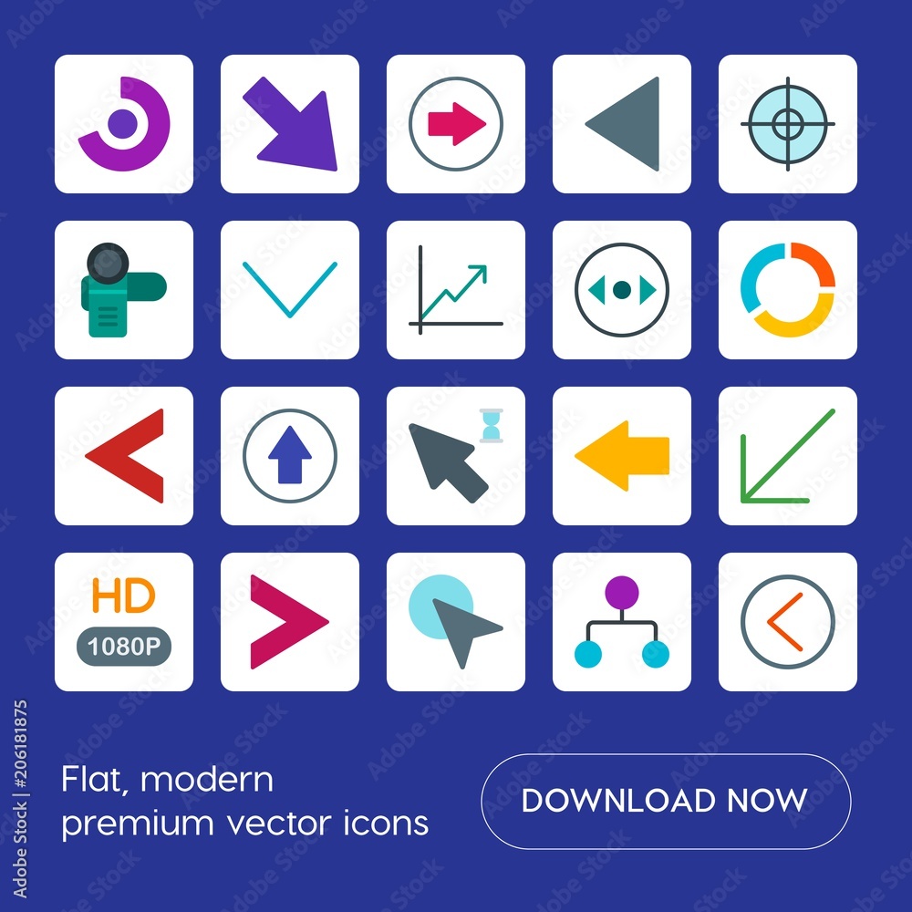 Aufkleber modern simple set of arrows, charts, video, cursors vector flat icons. contains such icons as goal, 