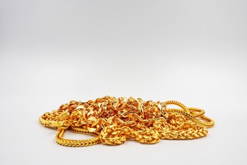 group of gold necklace isolated on white background
