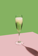 Flute filled with sparkling prosecco, a white sparkling wine cultivated and produced in...