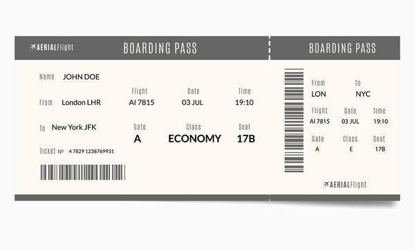 Airplane ticket template with passenger name and destination route. Realistic boarding pass illustration